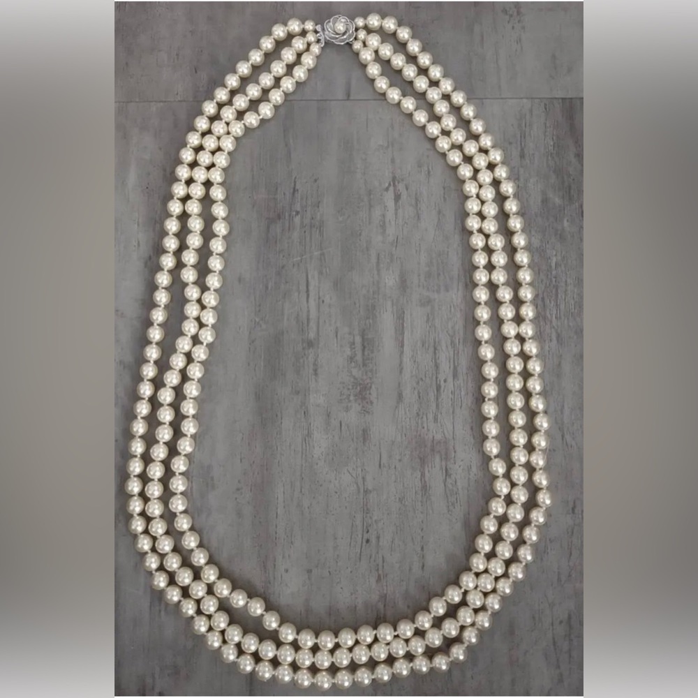 Camrose & Kross Jacqueline Kennedy Triple Strand Faux Pearl Necklace JBK 30"